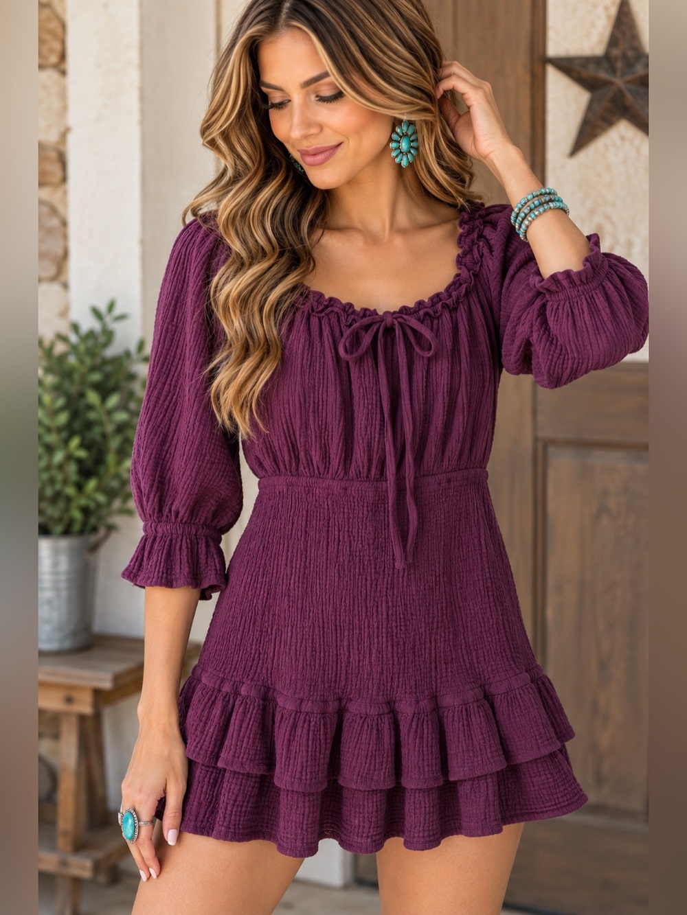 &Merci Plum Purple Smocked Gauze Ruffle Mini Dress Size M Boho